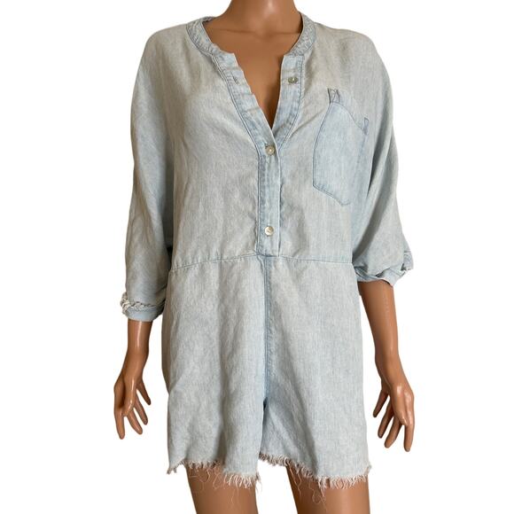 Show me your MuMu romper Chambray half button up rolled 3/4 sleeves SZ LG light - Picture 1 of 7